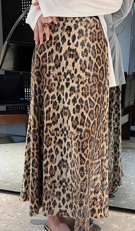 A-Line Leopard Sequins Skirt