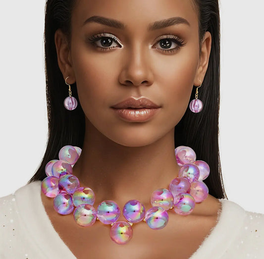 Chunky Iridescent Ball Beaded Necklace_Pink
