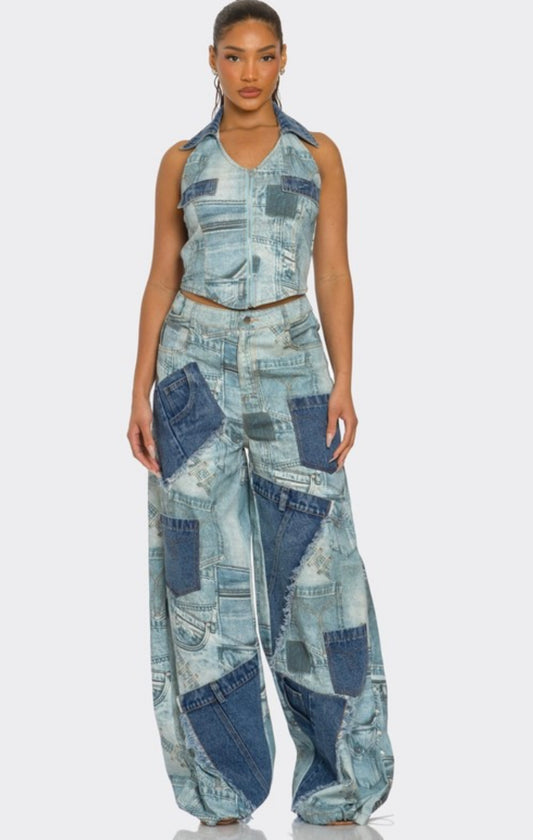 RETRO REVIVAL PATCHWORK DENIM TWO-PIECE SET