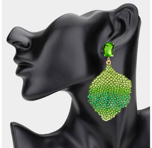 Green Rhinestone Embellished Leaf Dangle Earrings