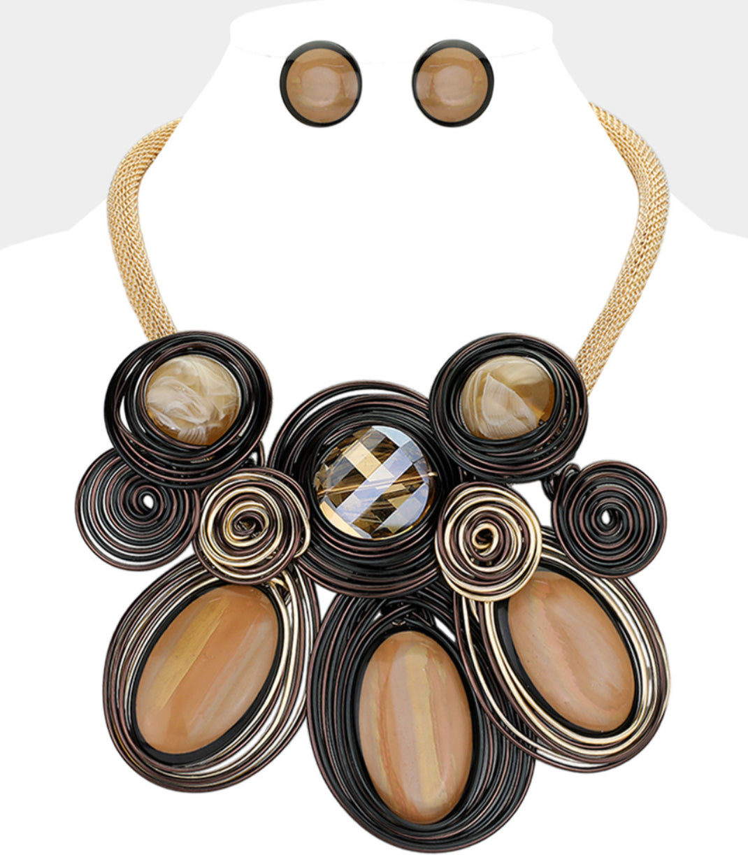 Oversized Stone Swirl Metal Wire Statement Necklace