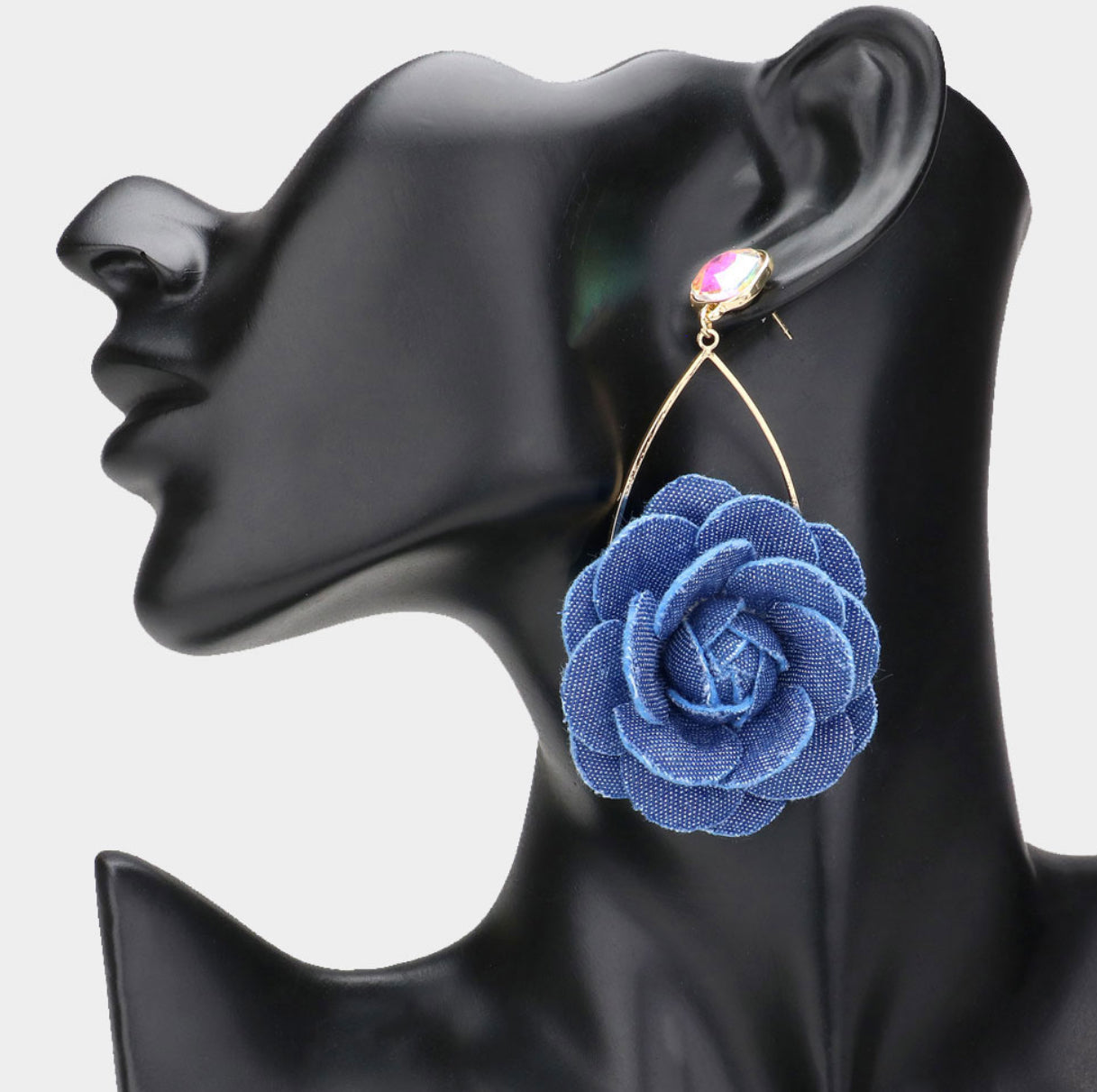 Denim Rose Open Teardrop Wire Earrings