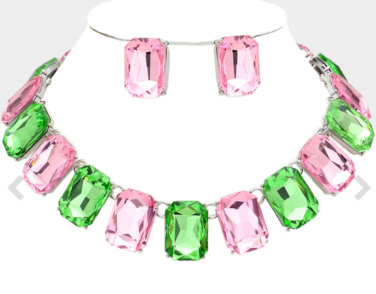 Emerald Cut Stone Link  Necklace Set