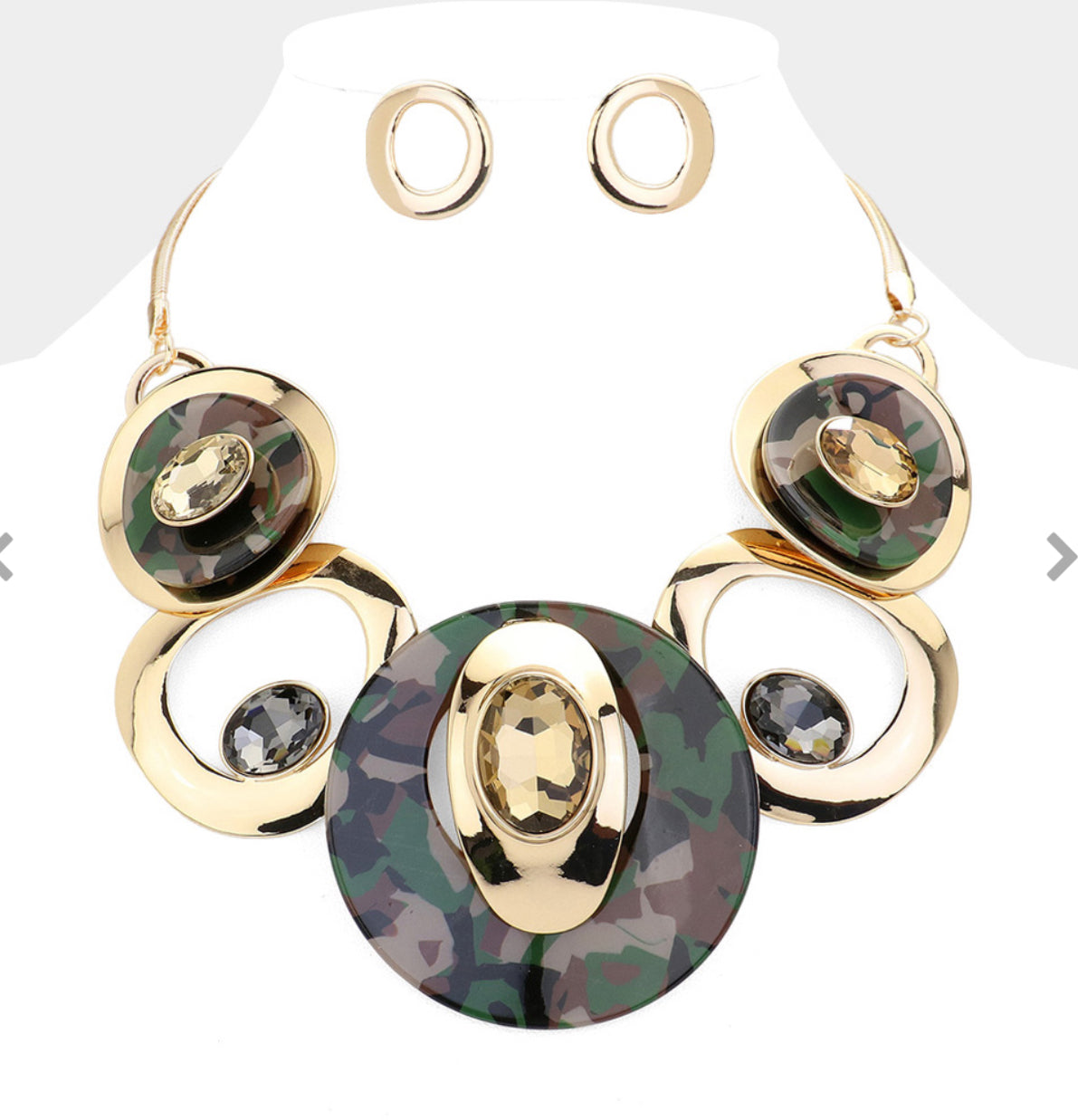 Camo Celluloid Acetate Glass Stone Metal Link Statement Necklace