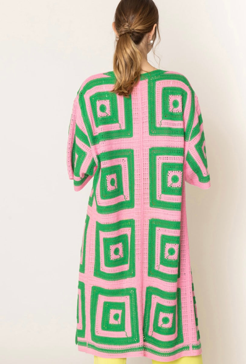 Pink & GreenSquare Pattern Crochet Cardigan