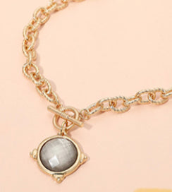 Faceted Round Stone Charm Toggle Necklace