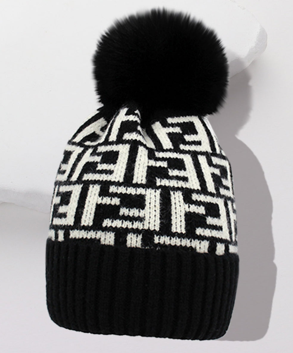 Geometric Patterned Pom Pom Beanie Hat