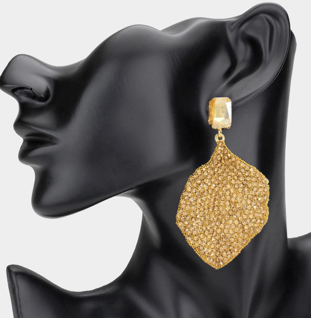 Gold Rhinestone Embellished Leaf Dangle Earrings