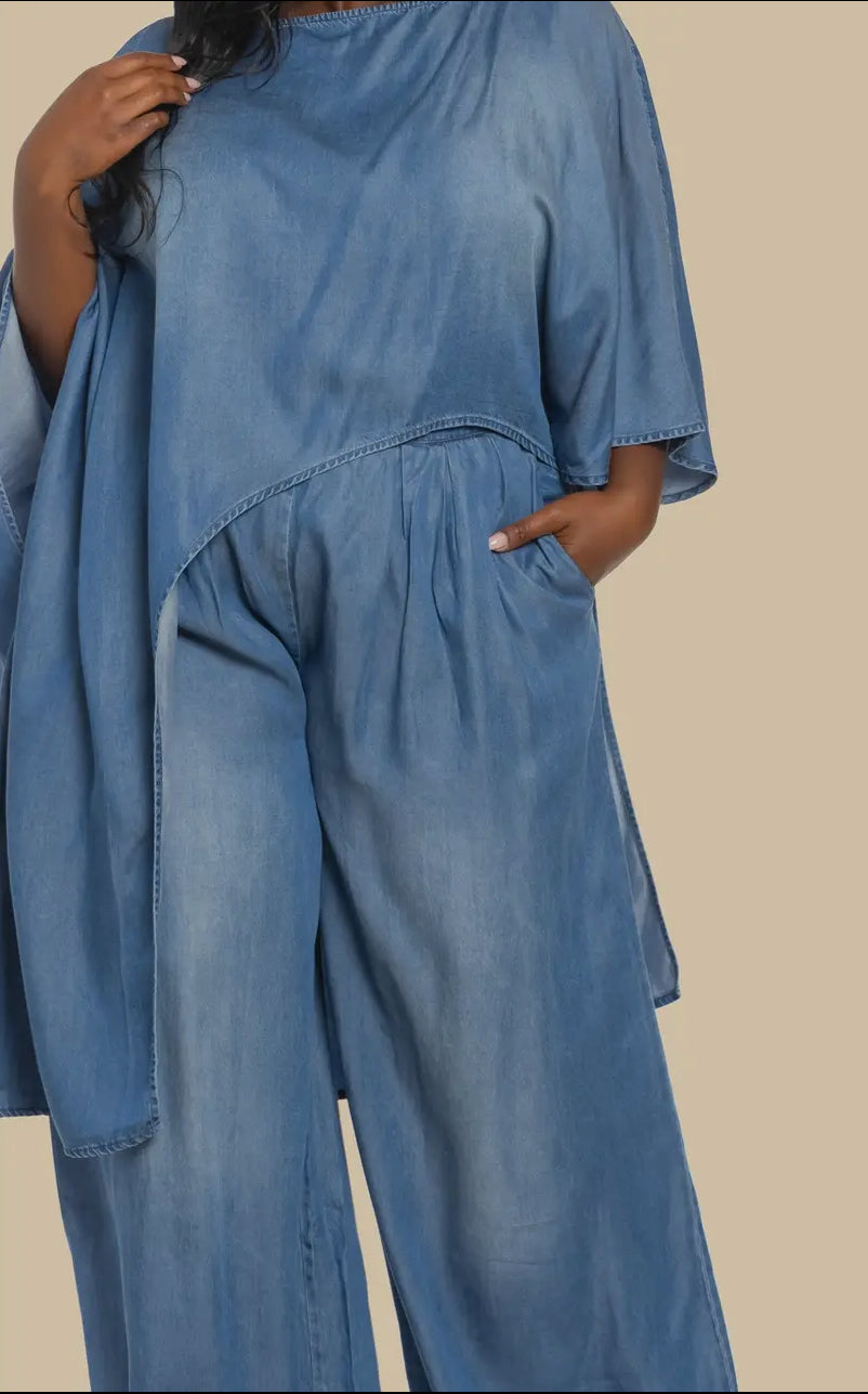 Kamala Denim Asymmetric Top Palazzo Pants Set