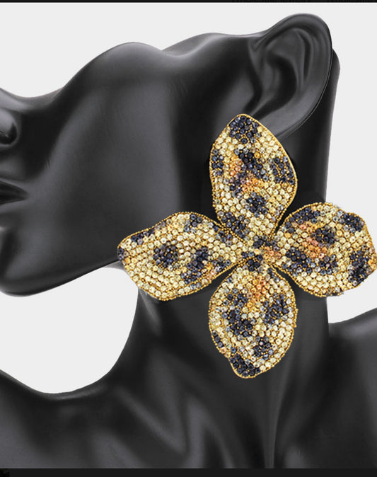 Oversized Leopard Bling Studded Flower Earrings