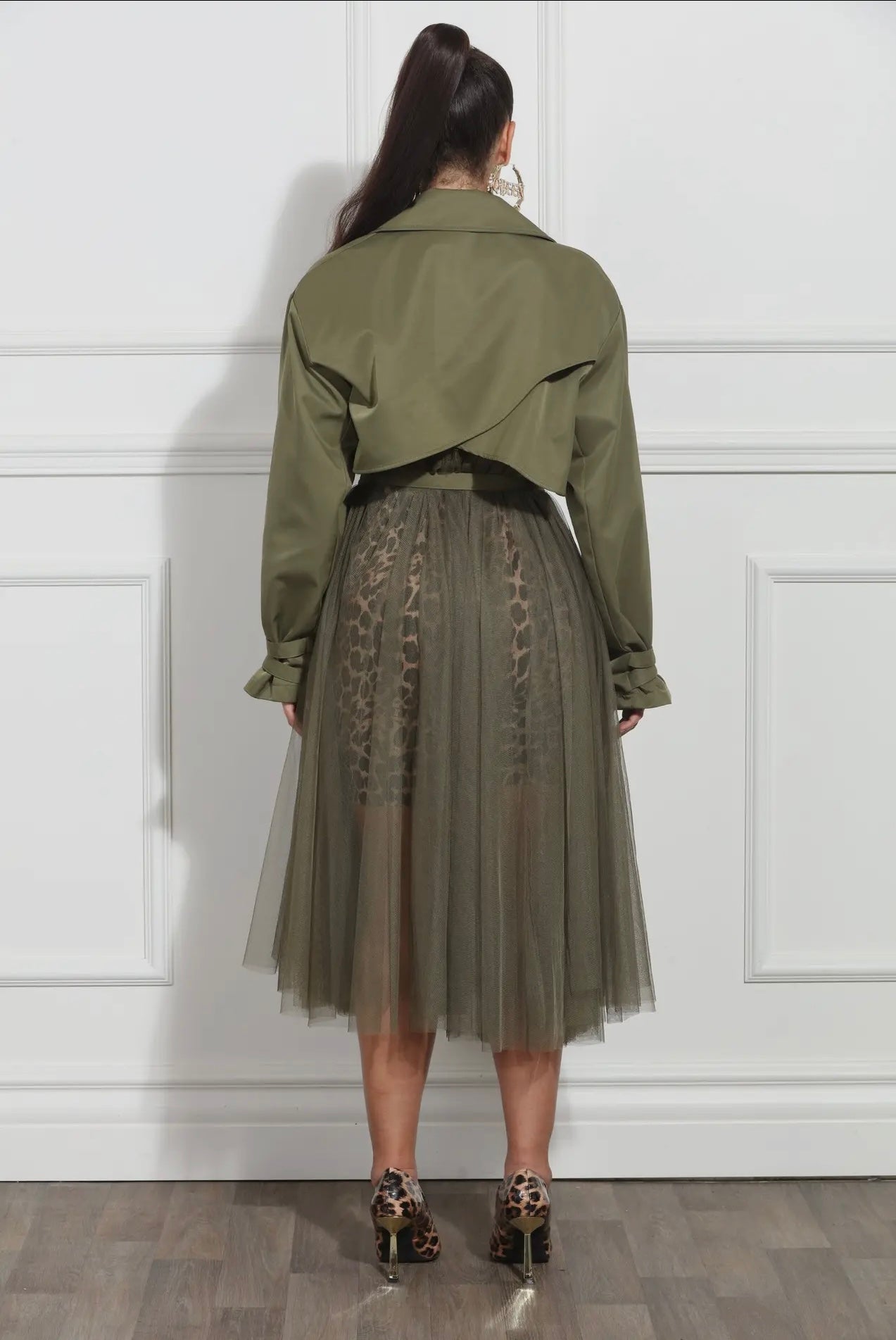 Olive - Coat with Side Pleating and Belt