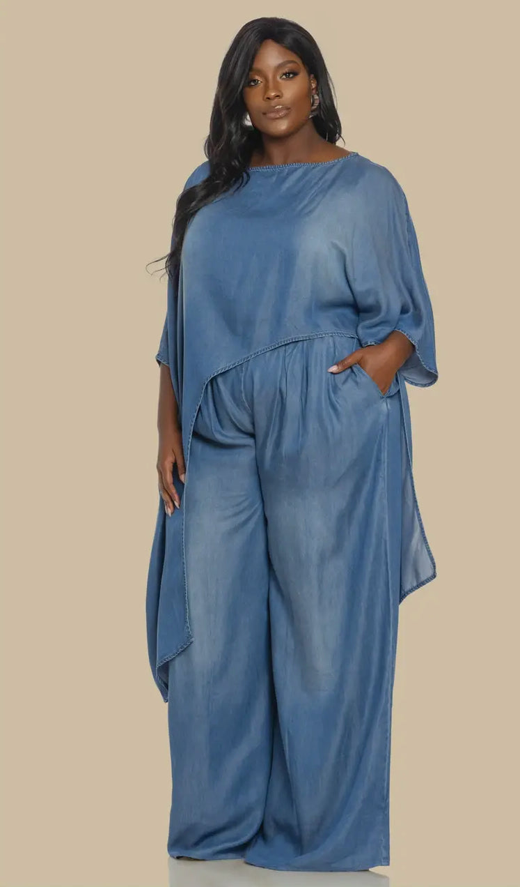 Kamala Denim Asymmetric Top Palazzo Pants Set