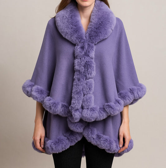 Elegant Faux Fur Trim Cape Poncho