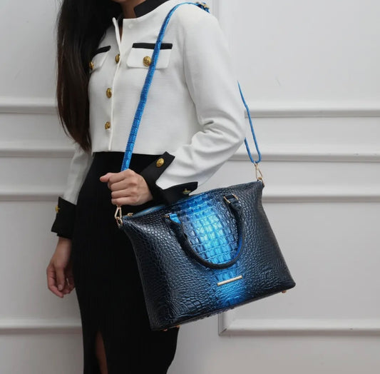 Liora Croc Embossed Tote Bag and Set_Blue