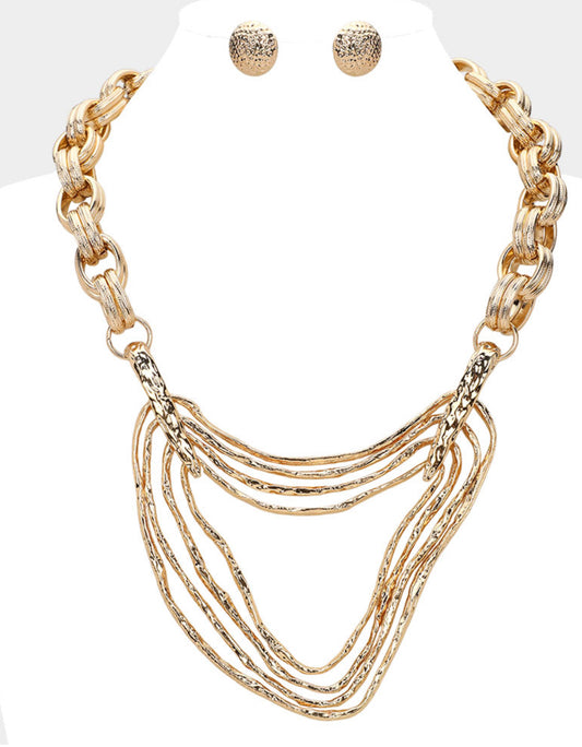Gold Textured Metal  Layered Chunky Statement Necklace
