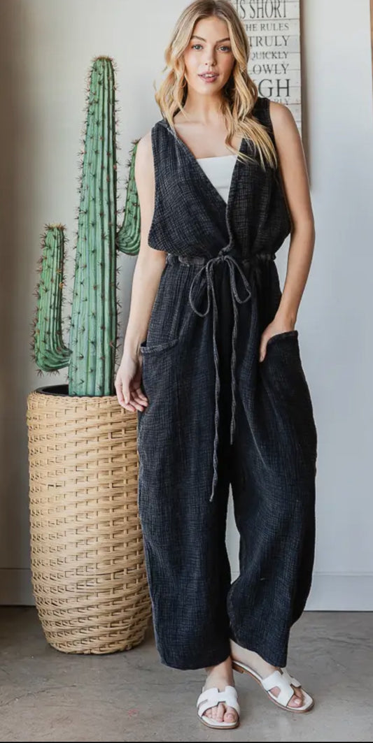 CASSETTE V Neck Elastic Waist Washed Cotton Hooded Jumpsuit