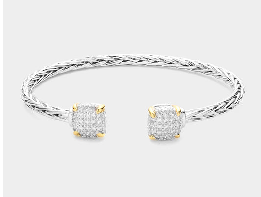 Square CZ Stone Cluster Tip Cuff Bracelet