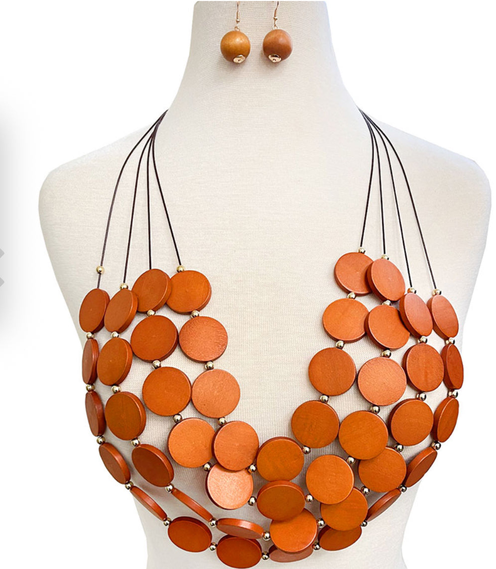 Layered Wood Disc Layered Statement Necklace