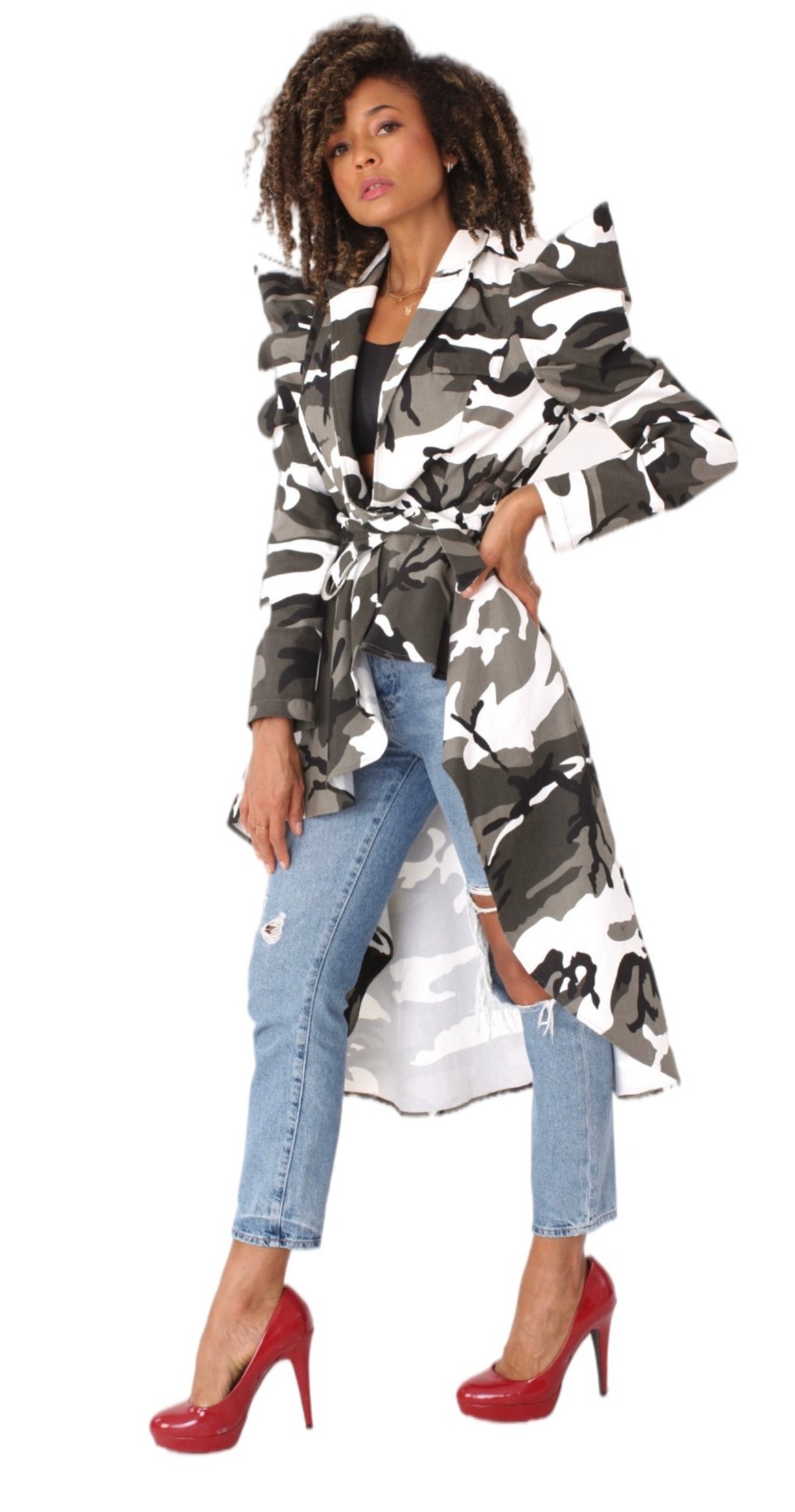 Grey & Black Camo High Low Belted Jacket