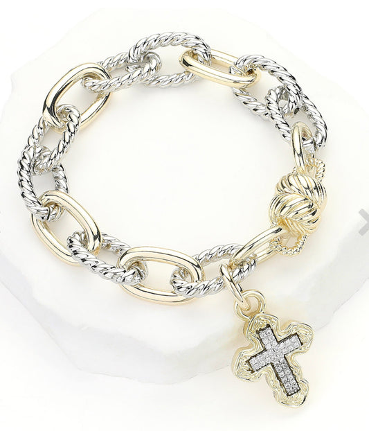 14K Gold Plated Two Tone Stone Paved Cross Charm Chunky Chain Magnetic Bracelet