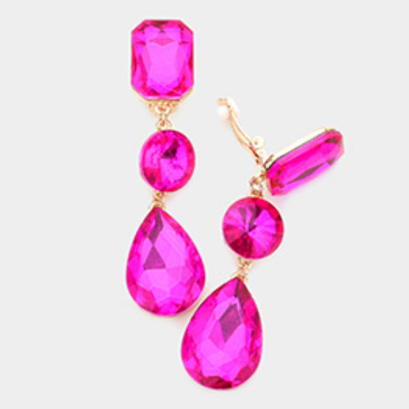 Triple Glass Crystal Drop Clip On Earrings