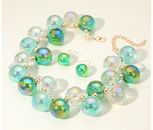 Chunky Iridescent Ball Beaded Necklace_Green