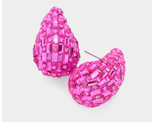 Baguette Stone Embellished Teardrop Earrings_Pink