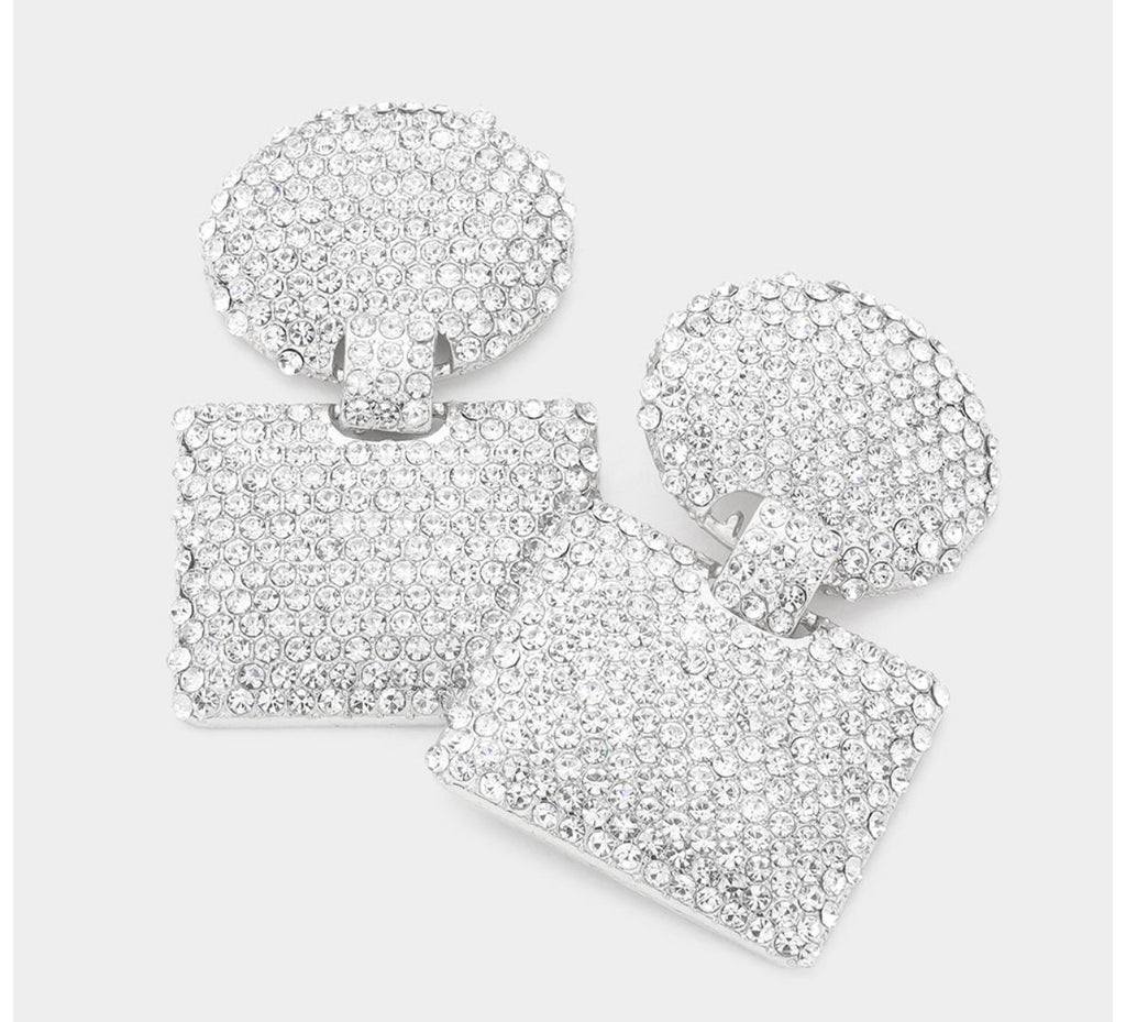 Silver Rhinestone Embellished Geometric Oval Earrings in