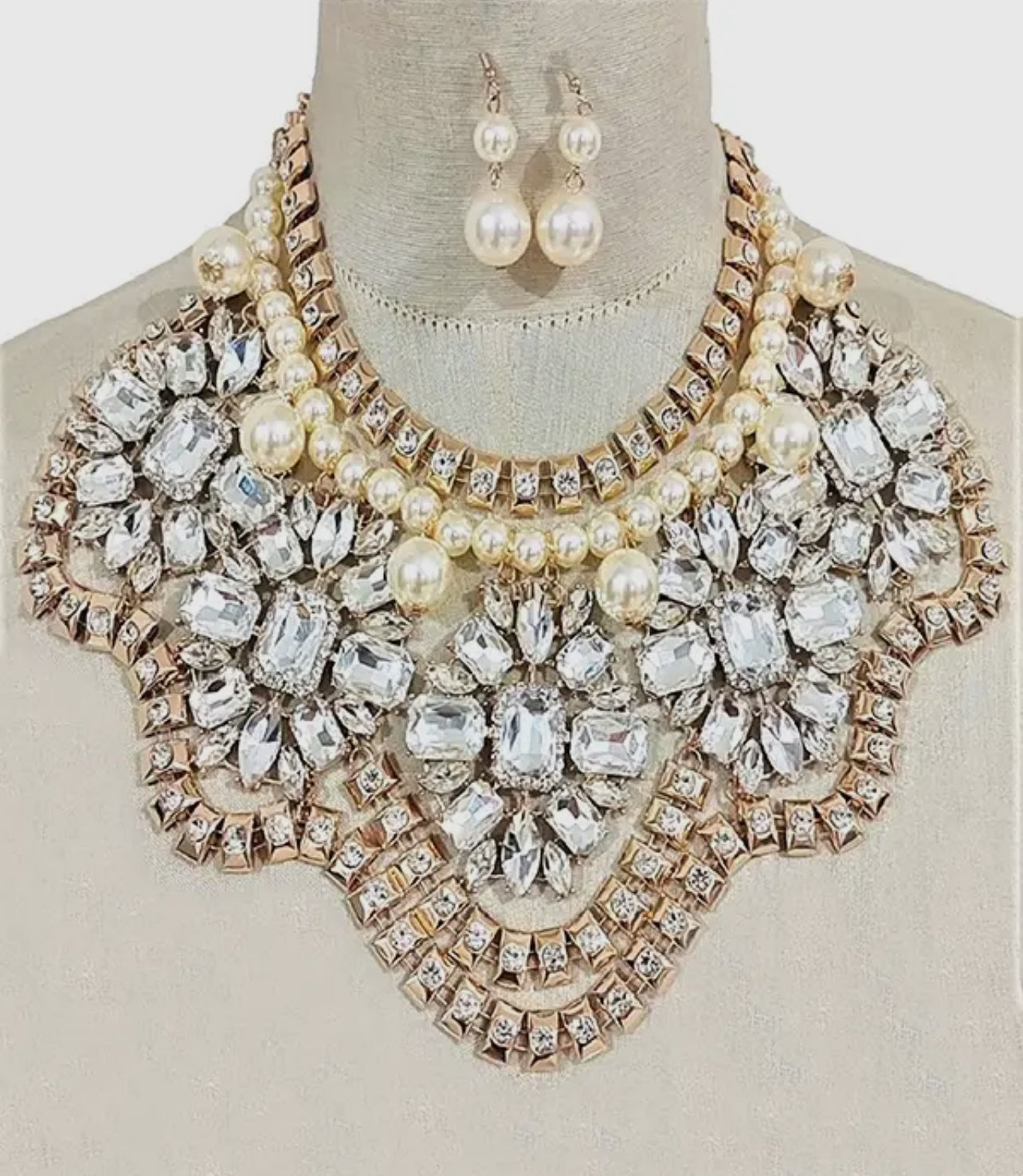 Holly Pearl & Gold Rhinestone Necklace Set
