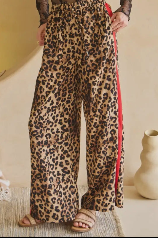 Leopard Wide Leg Pants w\ Red Stripe