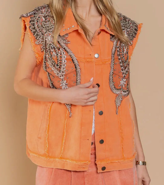 Beckham RHINESTONE & BEADED OVERSIZED ORANGE DENIM VEST