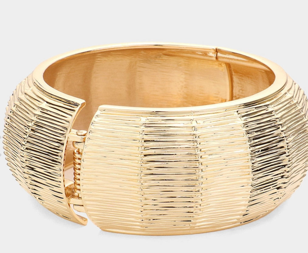 Gold Chunky Textured Metal Hinged Bangle Bracelet