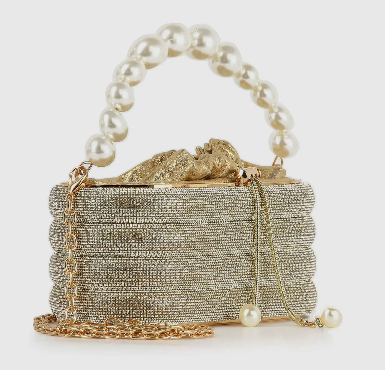 Pearl Accented Gold Striped Rhinestone Evening Bag