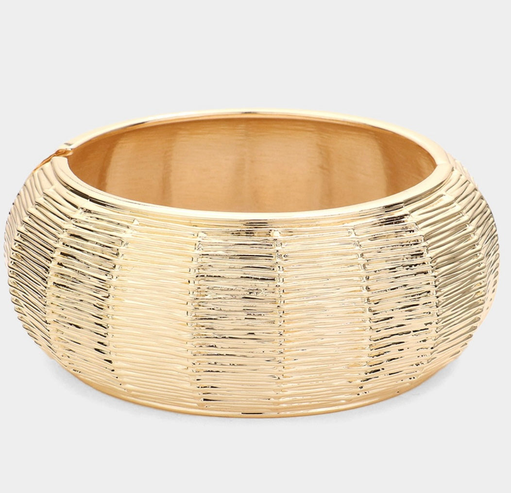 Gold Chunky Textured Metal Hinged Bangle Bracelet