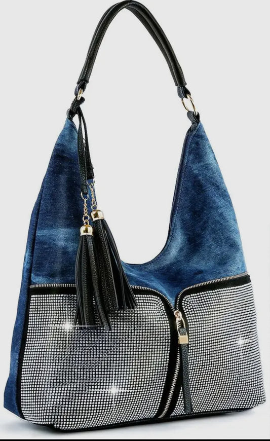 Denim & Rhinestone Hobo Bag