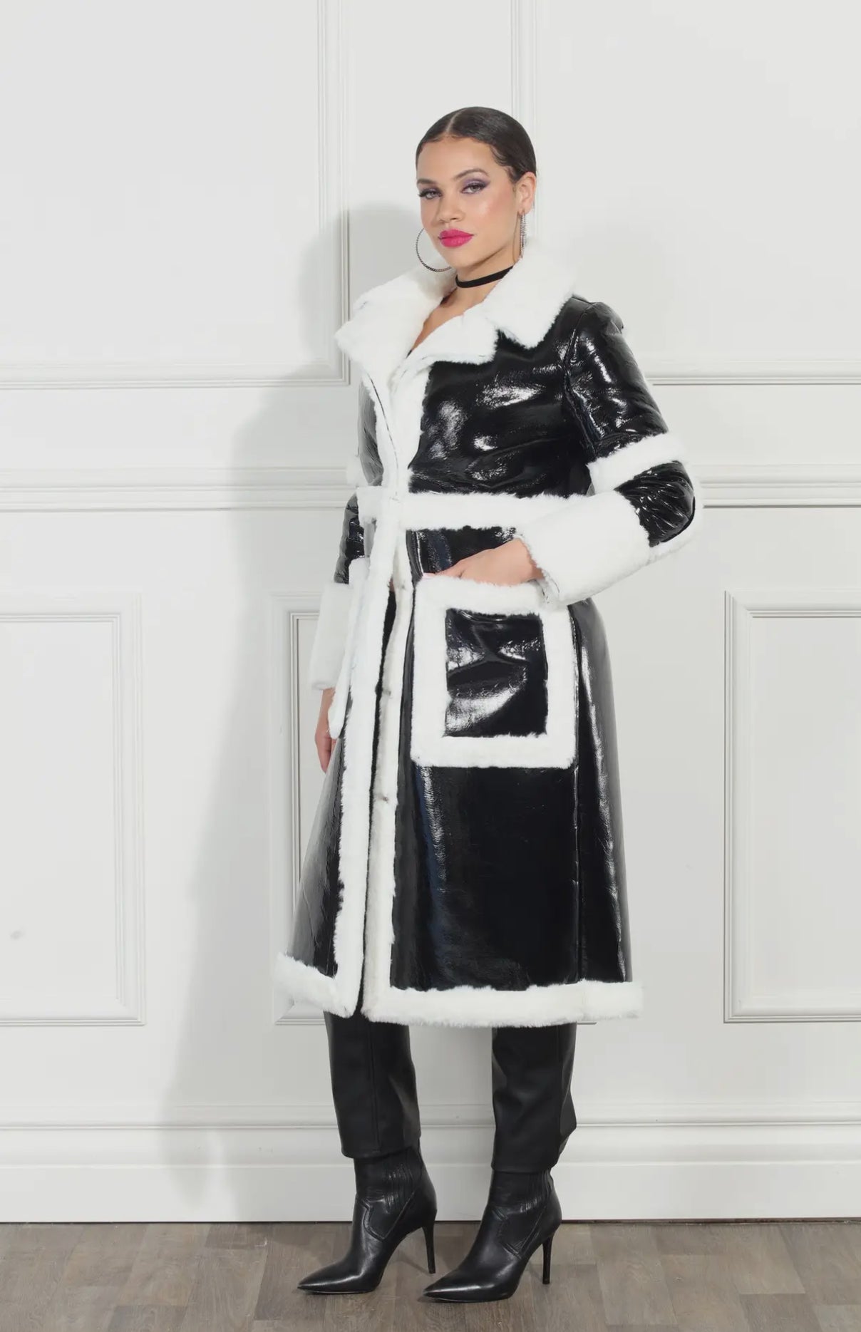 Pay No Attention Black & White Faux Leather Coat