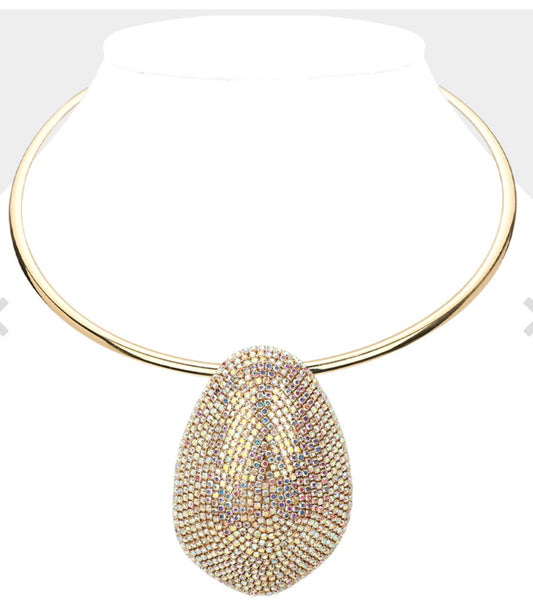 Gold AB Rhinestone Paved Oval Pendant Statement Necklace