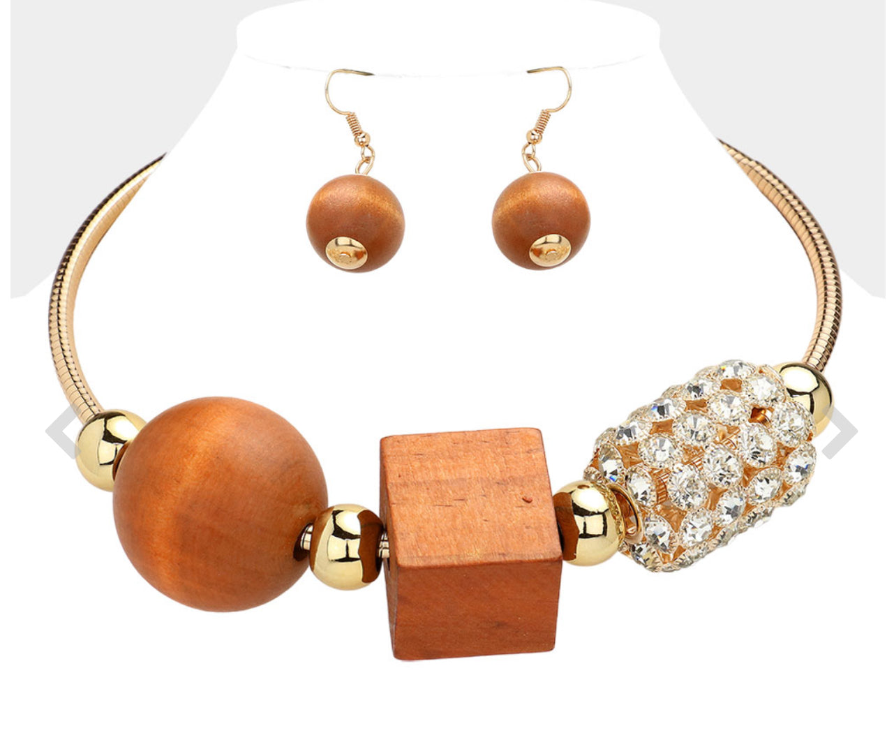 Wood Ball Cube Stone Statement Necklace