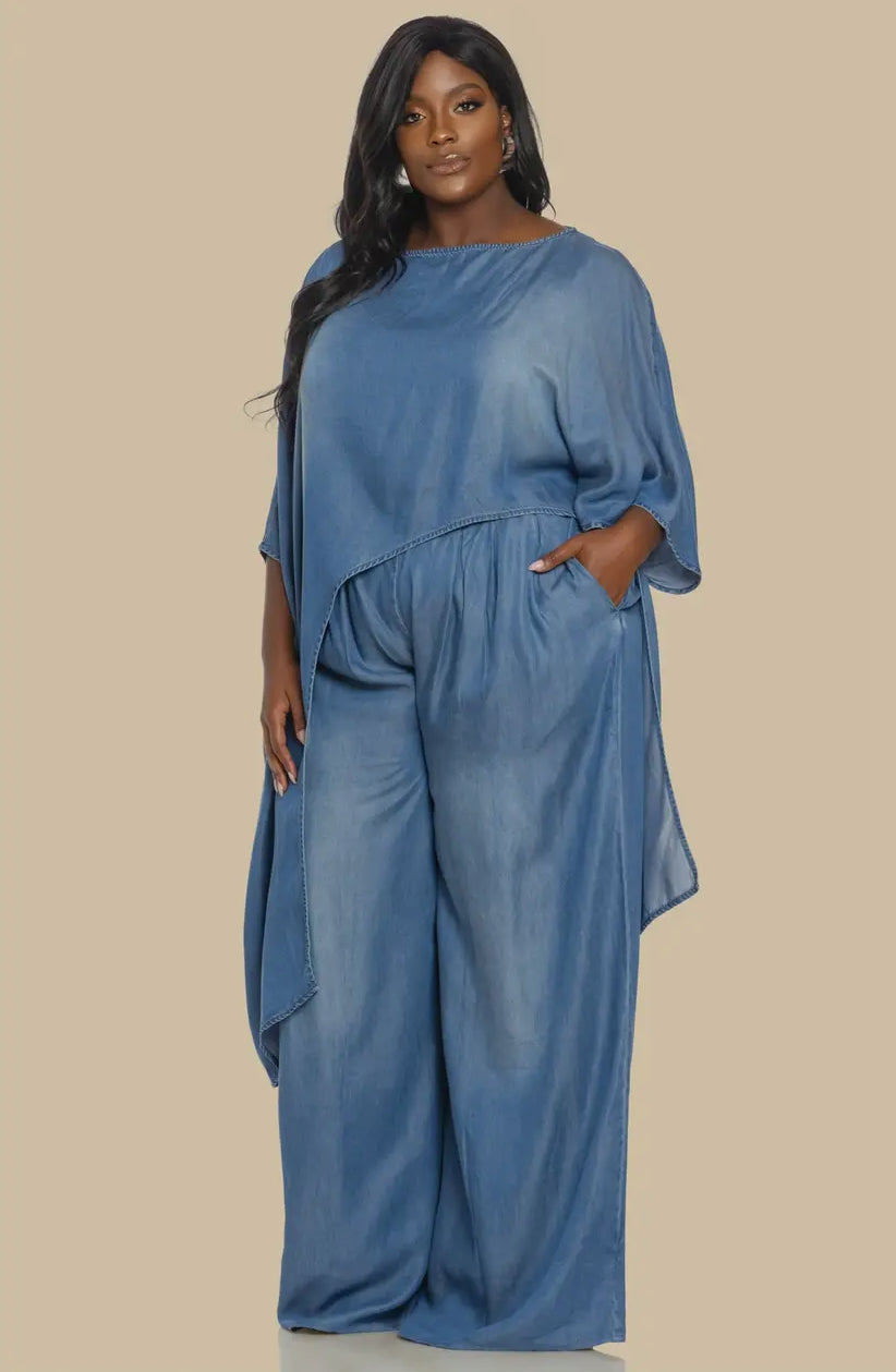 Kamala Denim Asymmetric Top Palazzo Pants Set