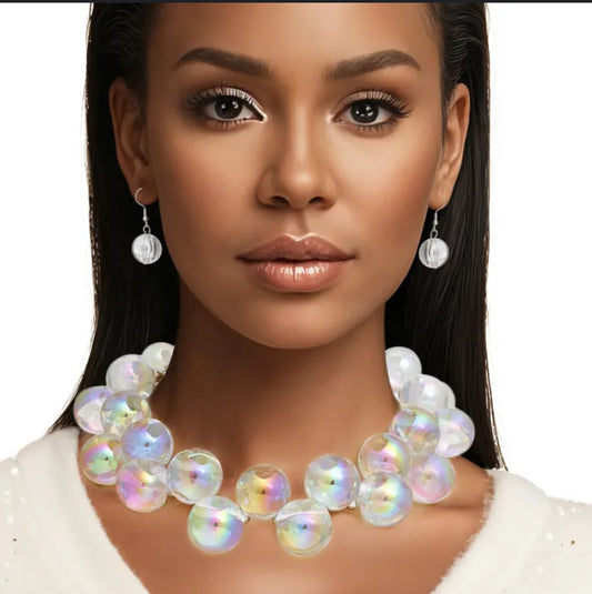 Chunky Iridescent Ball Beaded Necklace_White