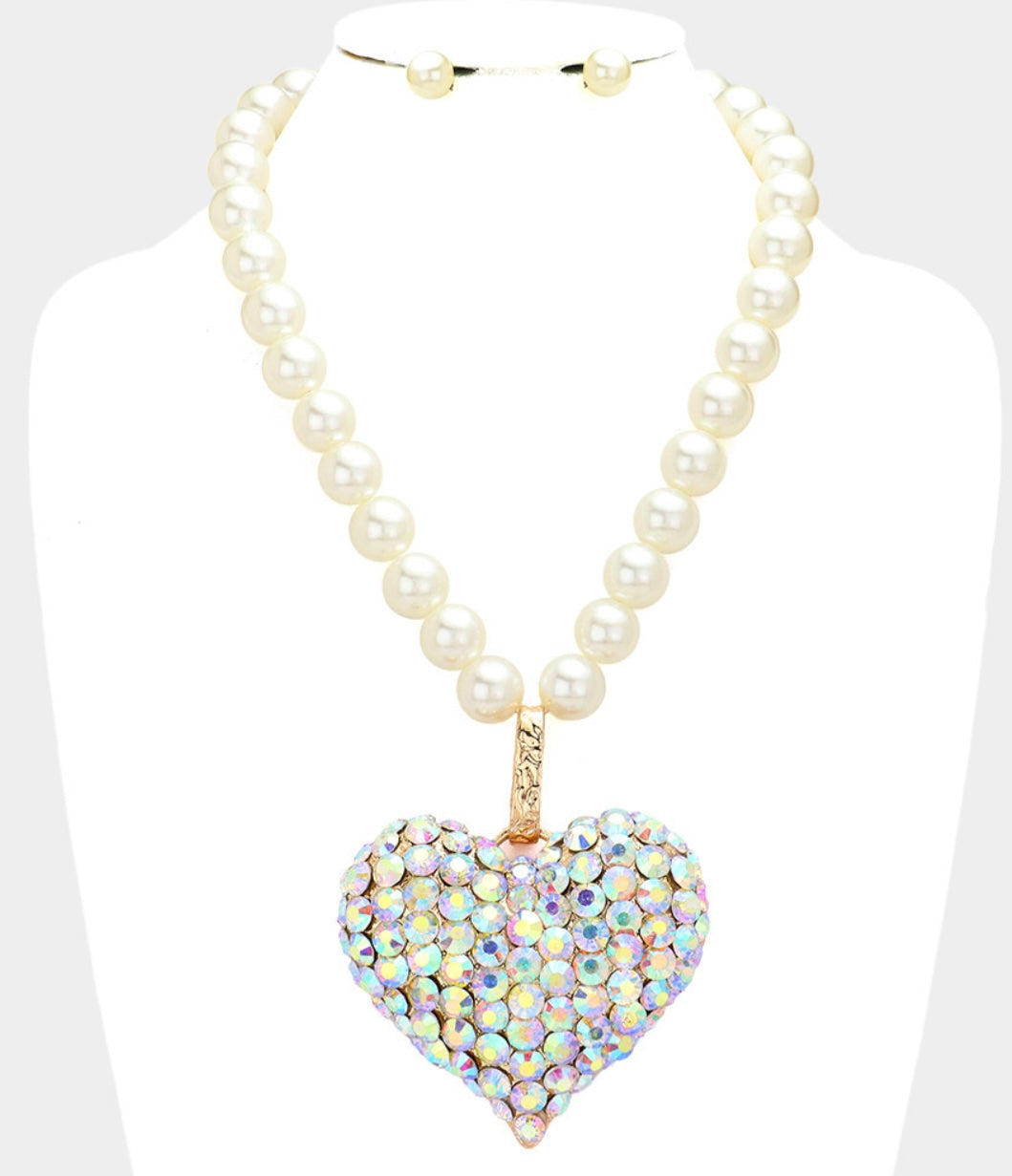 Gold AB Stone Paved Heart Pendant Pearl Necklace
