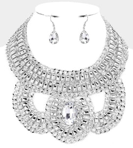 Silver Oval Stone Accented Statement Necklace Set