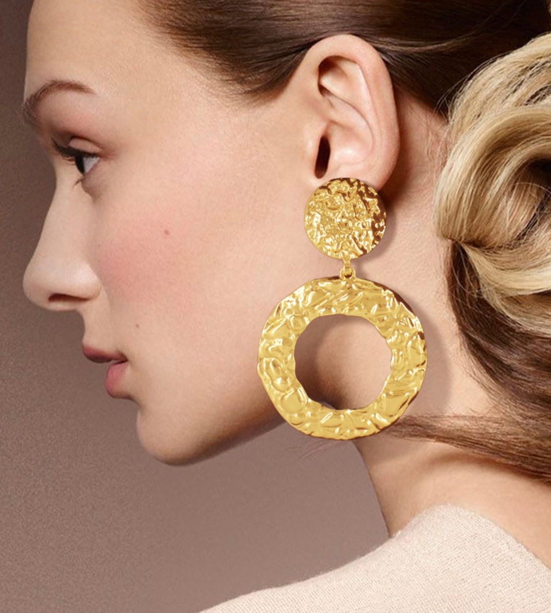 Gold Textured Open Metal Circle Earrings