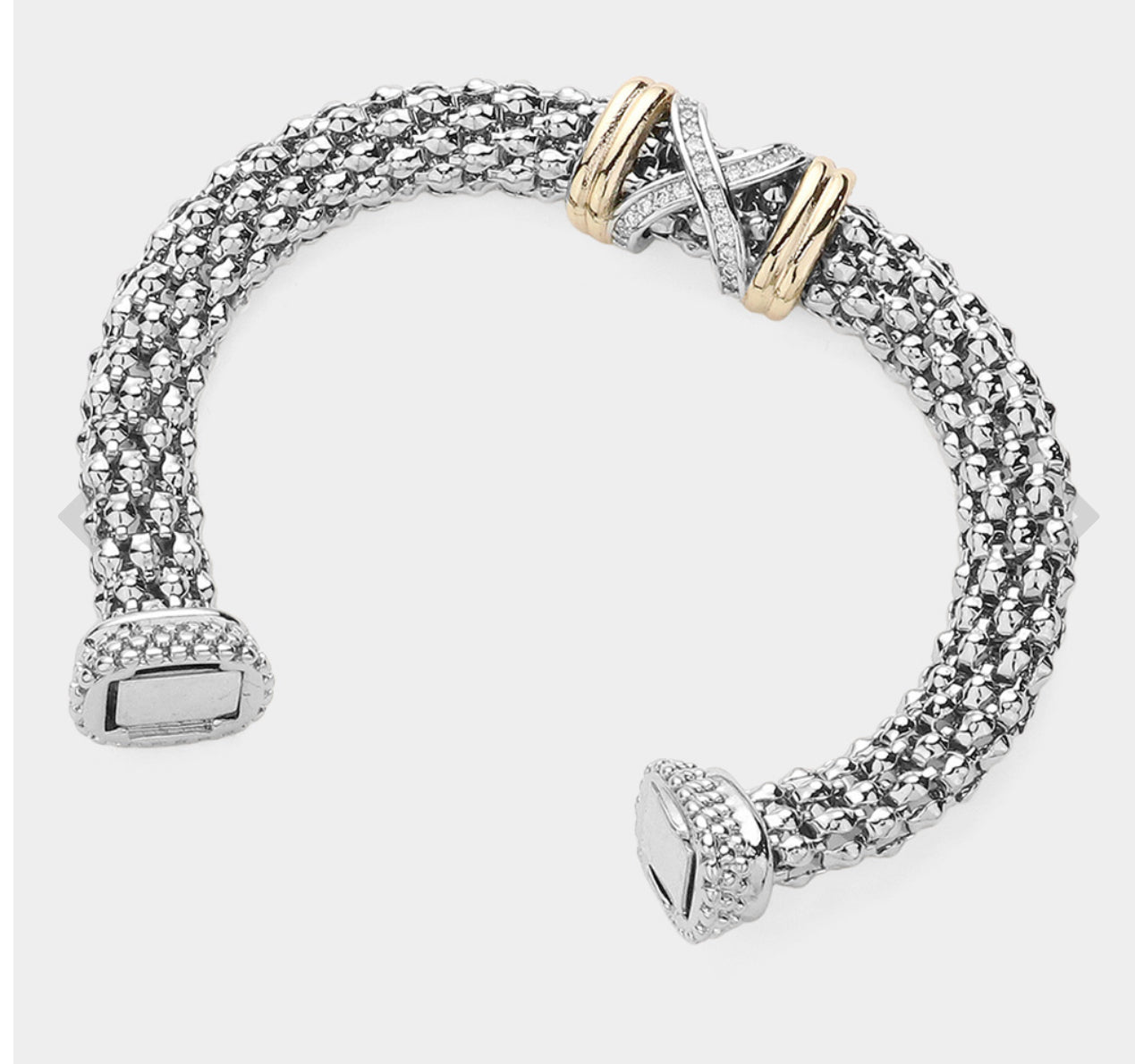 14K Gold Plated CZ Stone Paved Crisscross Pointed Two Tone Magnetic Bracelet