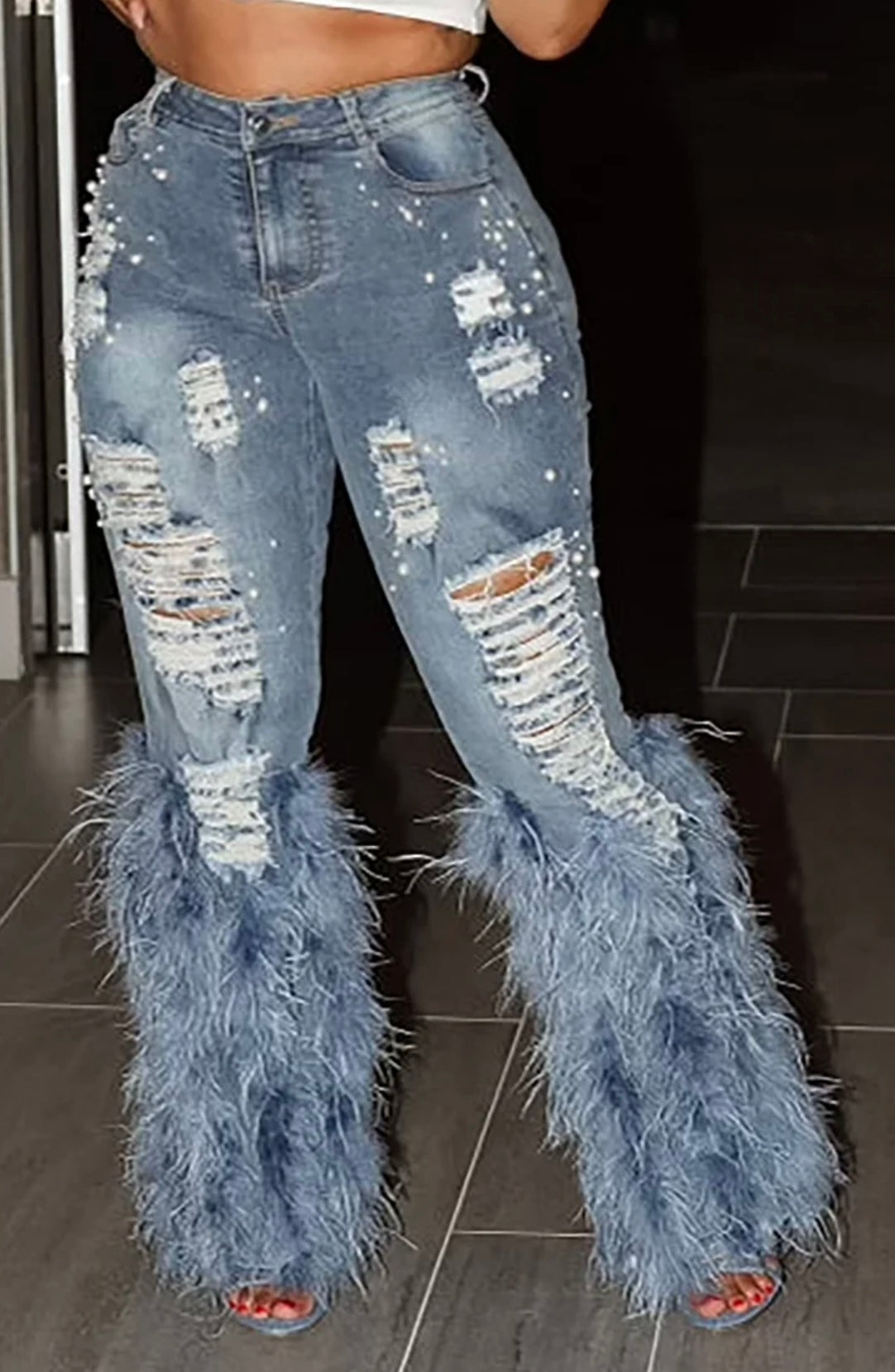 Feather Me Denim Jean w/Pearl Detail