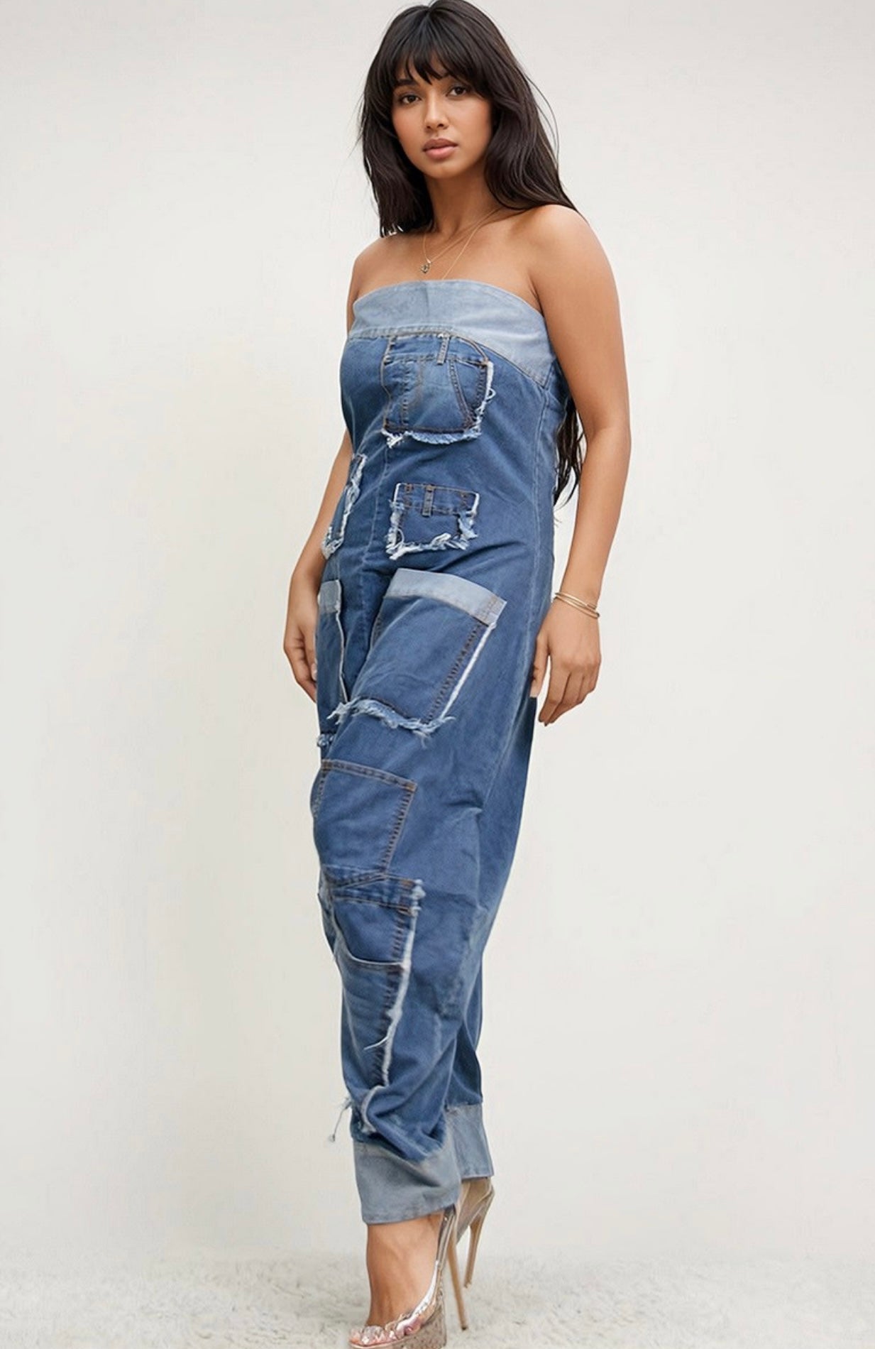 DENIM PATCHWORK BANDEAU JUMPSUIT