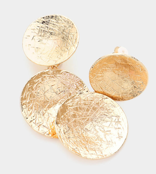 Gold Textured Disc Link Clip On Earrings