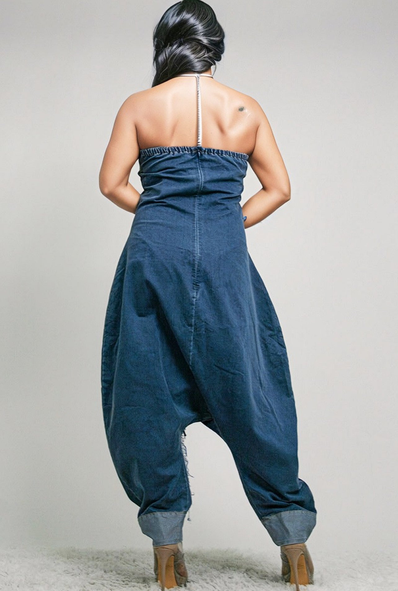 DENIM PATCHWORK BANDEAU JUMPSUIT