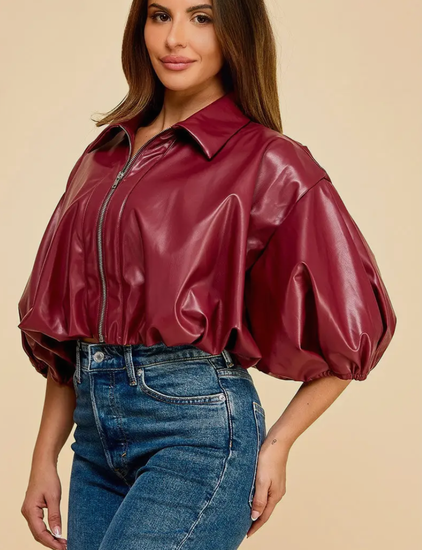 Vegan Leather Cropped Zip Up Blouse