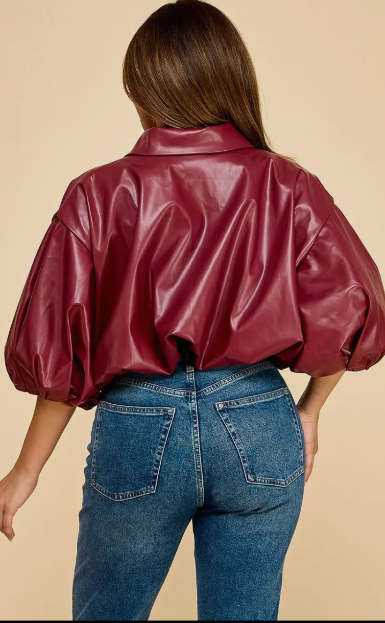 Vegan Leather Cropped Zip Up Blouse